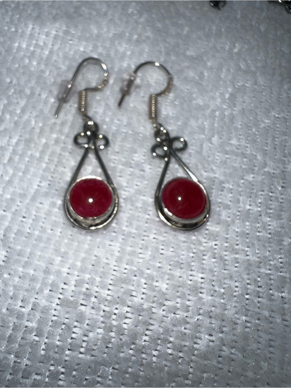 Handmade Silver Drop Earrings with Red Cabochon - NEW